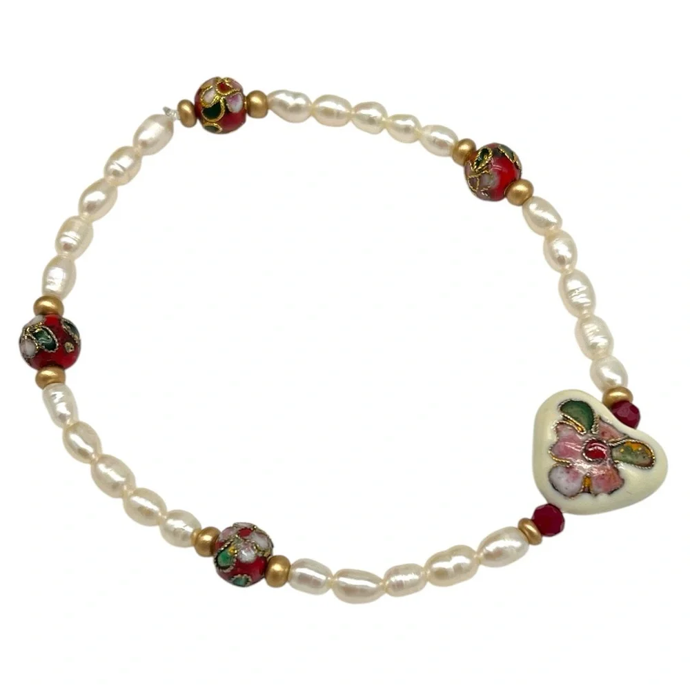 PEARL RED HEART CLOISONNE BEADED BRACELET